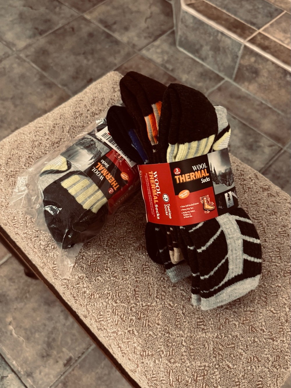 Mens Wool Thermal Athletic Crew Socks - Black, Gray & Yellow Stripe